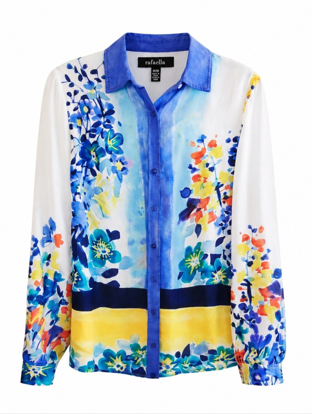 Rafaella Watercolor Floral Blouse Blue Yellow Button Front Top M NWOT